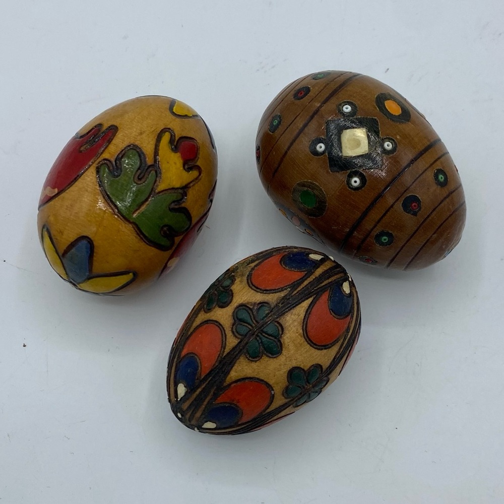 Lot of 3 wooden carvedâ Pysanka Style Easter Eggs Hand painted